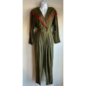 Vintage Char Jumpsuit 6 Olive Green Red Baggy Tapered Retro 80s 90s Military